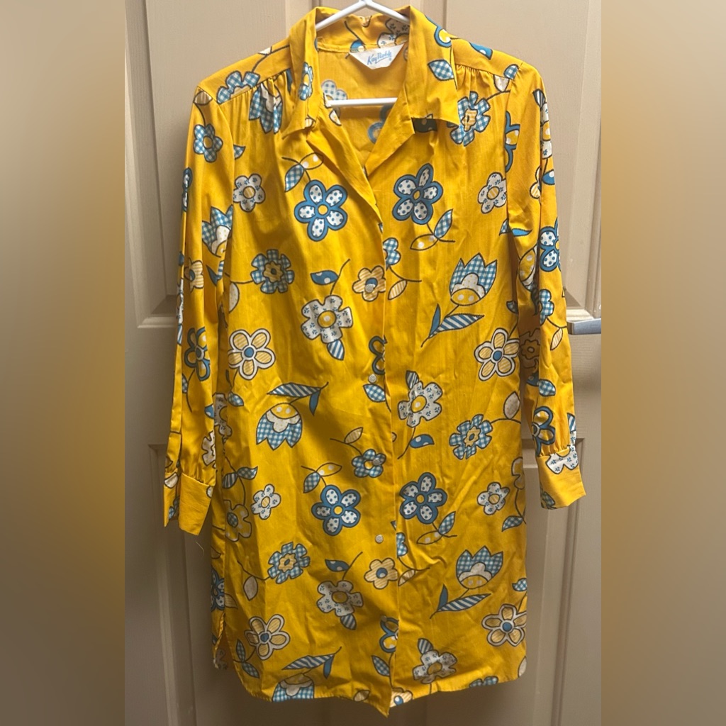 Vintage Kay Noble Yellow Floral Button-Up Shirt Dress